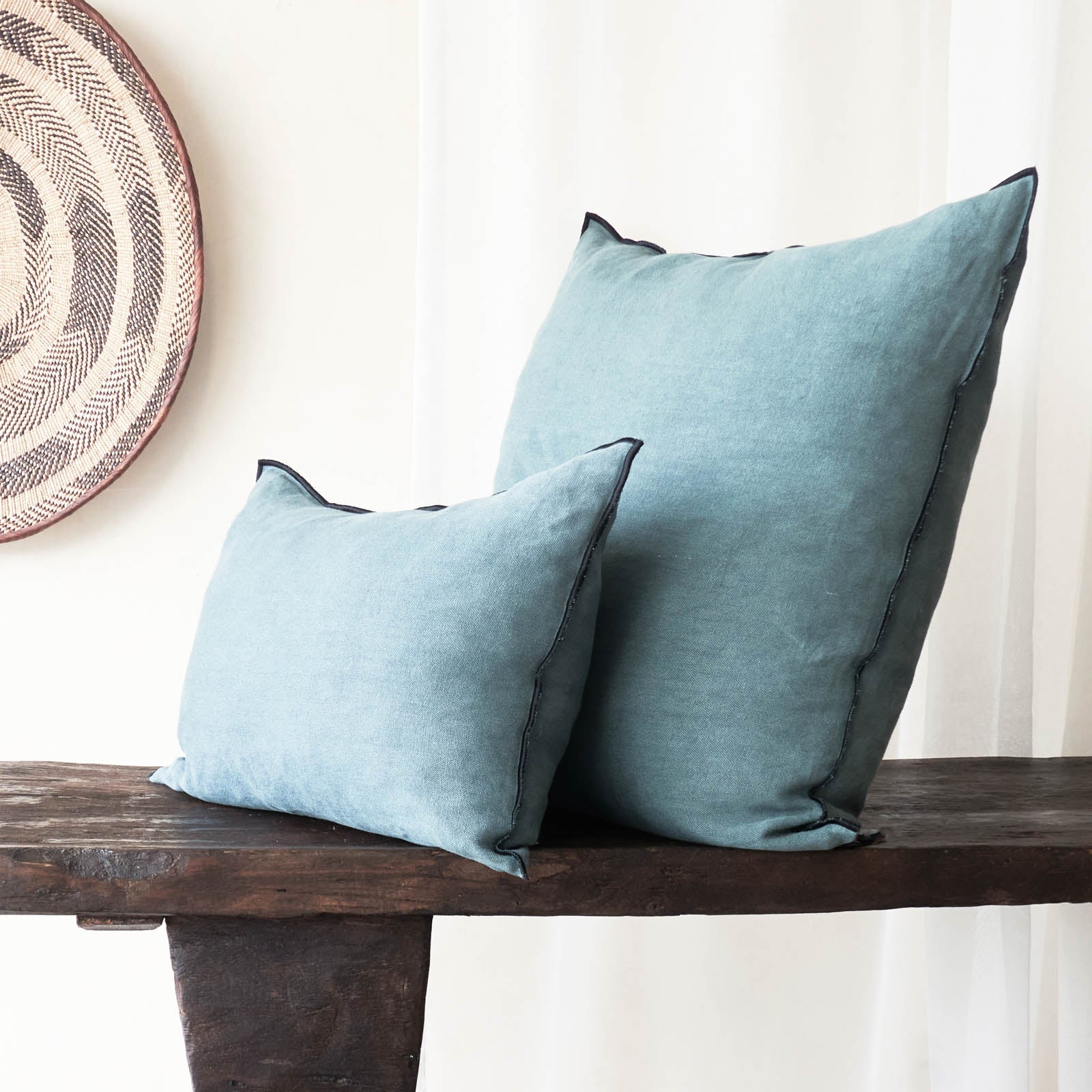 Black Line Cushion | Stone Washed Linen - Canard - Image 4