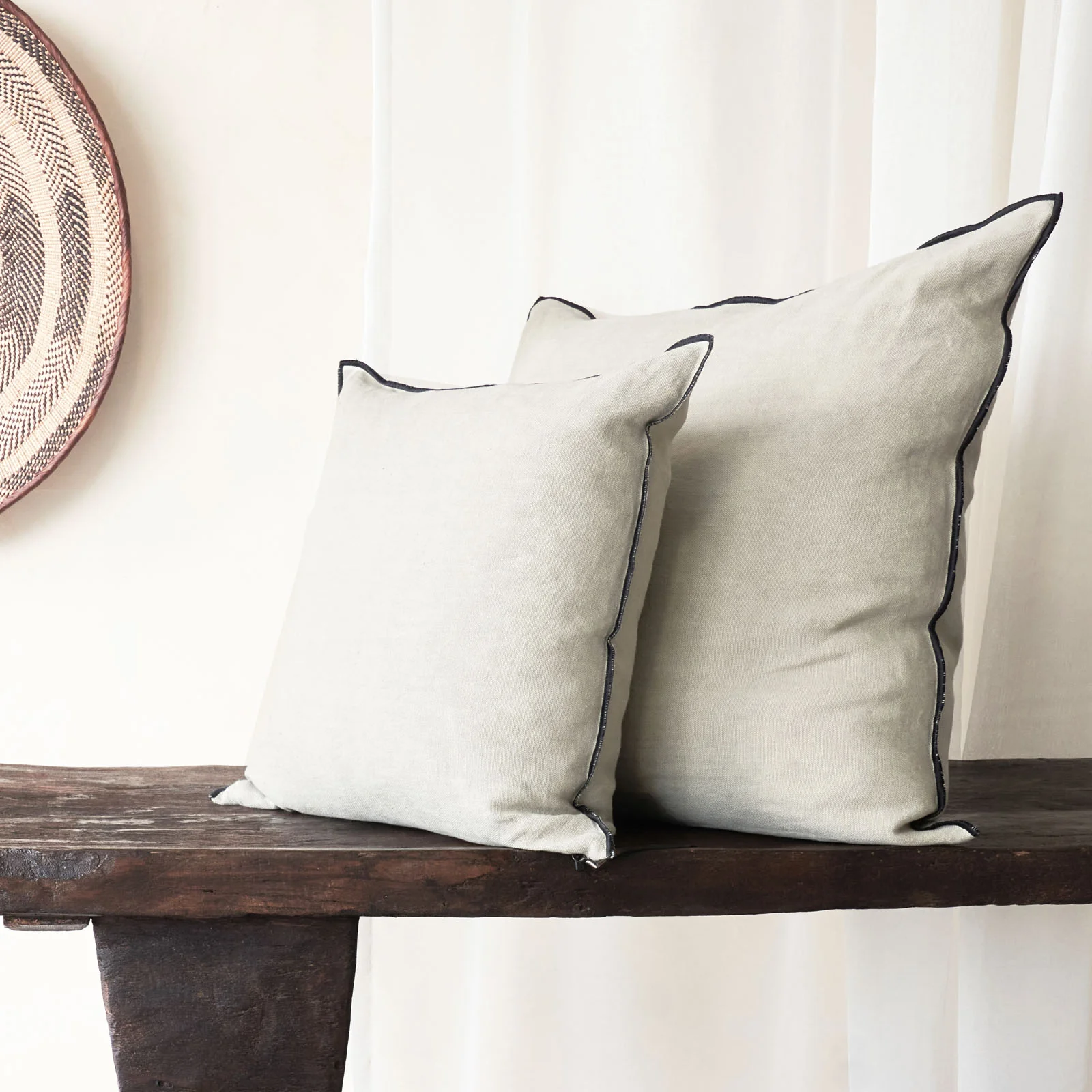 Black Line Cushion | Stone Washed Linen - Ciment - Image 8