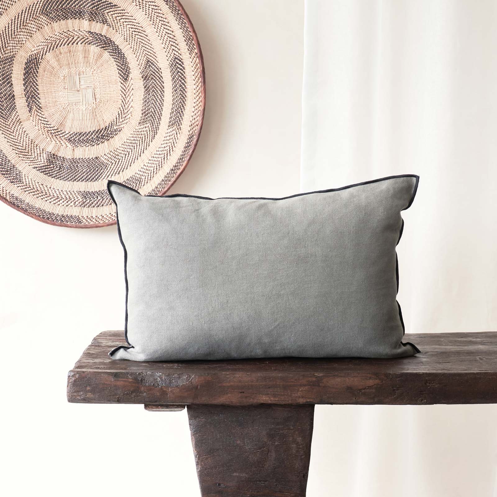 Black Line Cushion | Stone Washed Linen - Elephant (60 x 40cm)