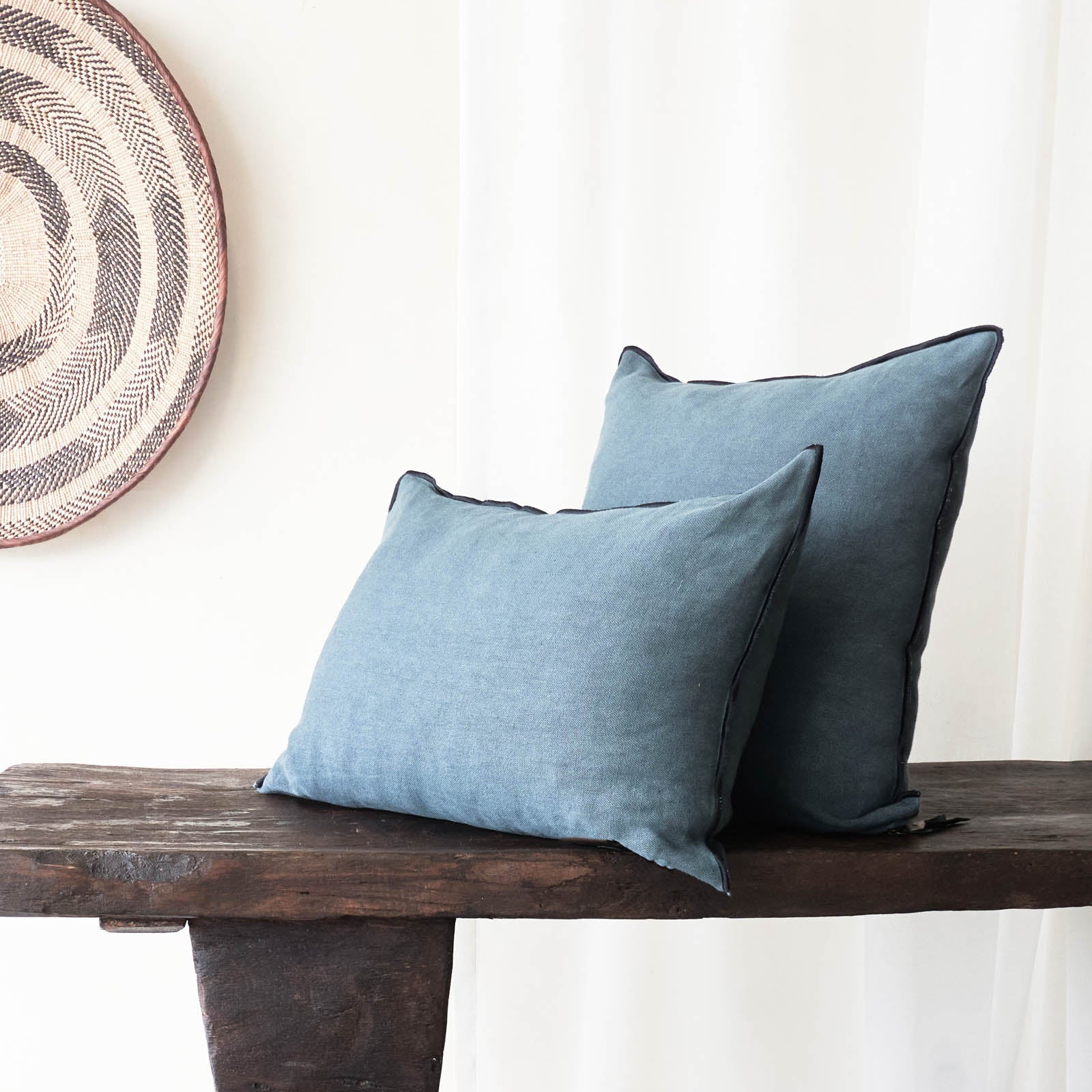 Black Line Cushion | Stone Washed Linen - Encre - Image 3