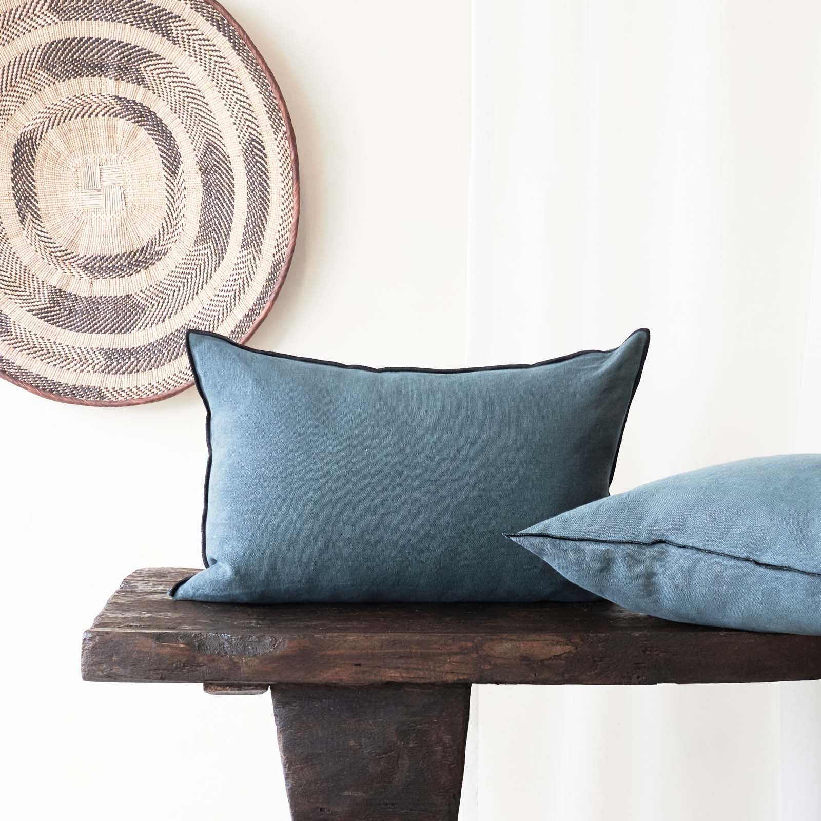 Black Line Cushion | Stone Washed Linen - Encre - Image 4