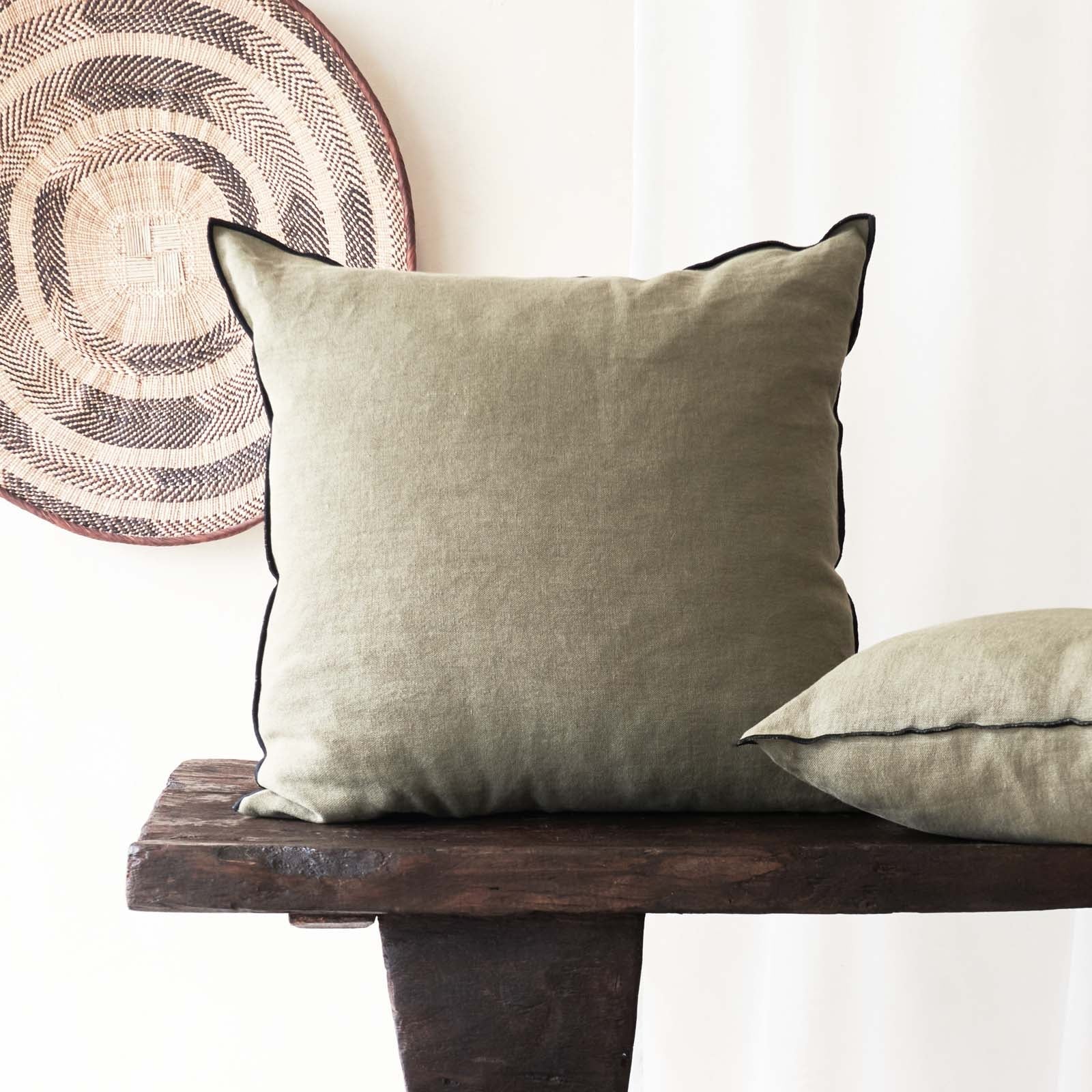Black Line Cushion | Stone Washed Linen - Kaki