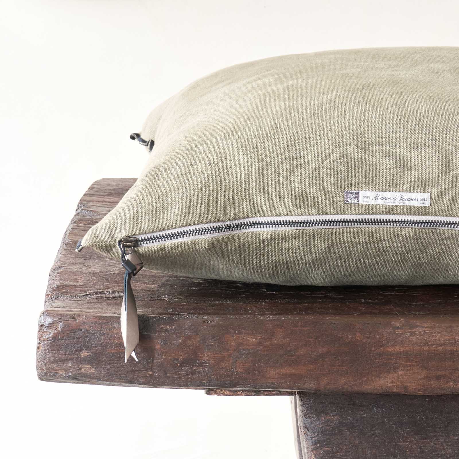 Black Line Cushion | Stone Washed Linen - Kaki - Image 2