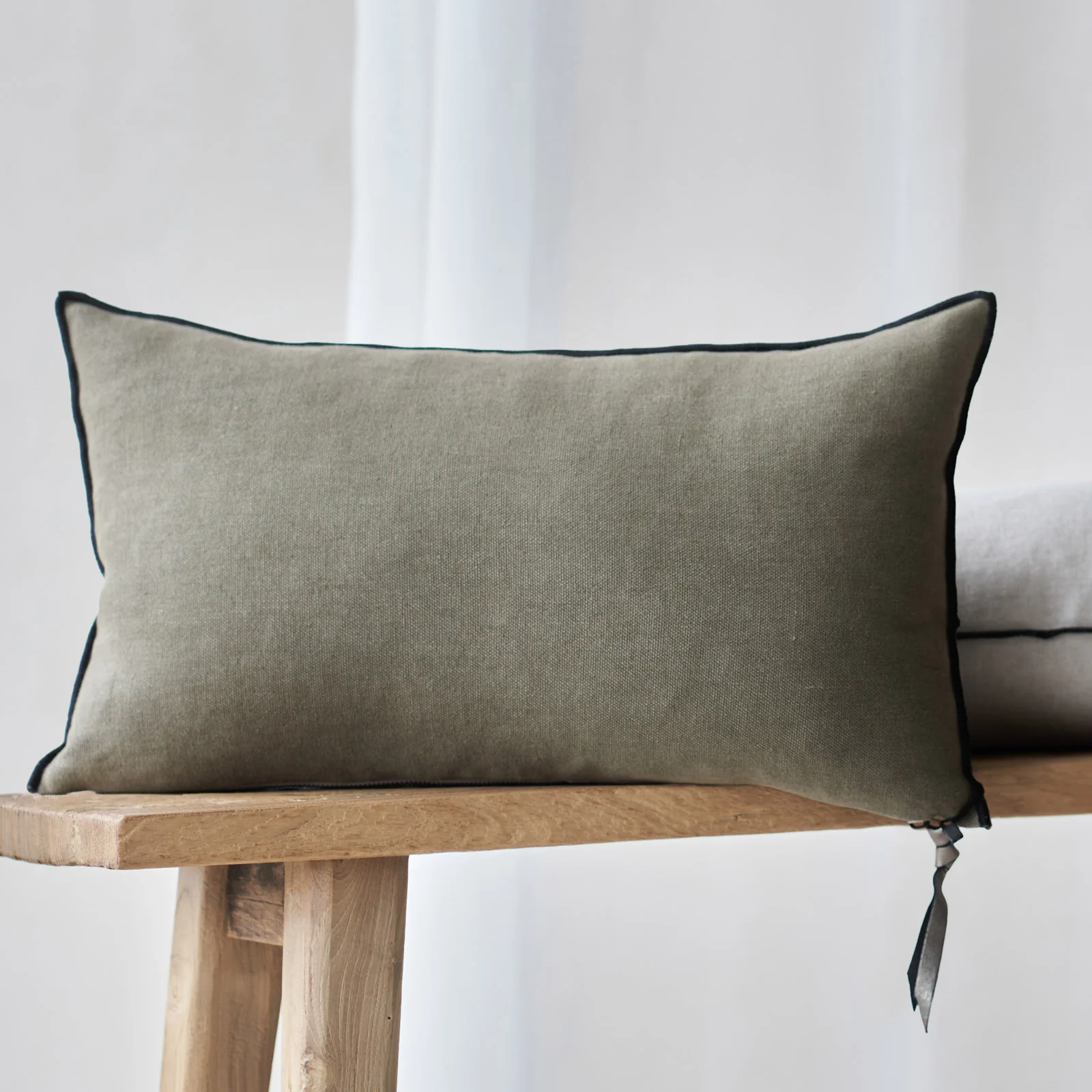 Black Line Cushion | Stone Washed Linen - Kaki - Image 3