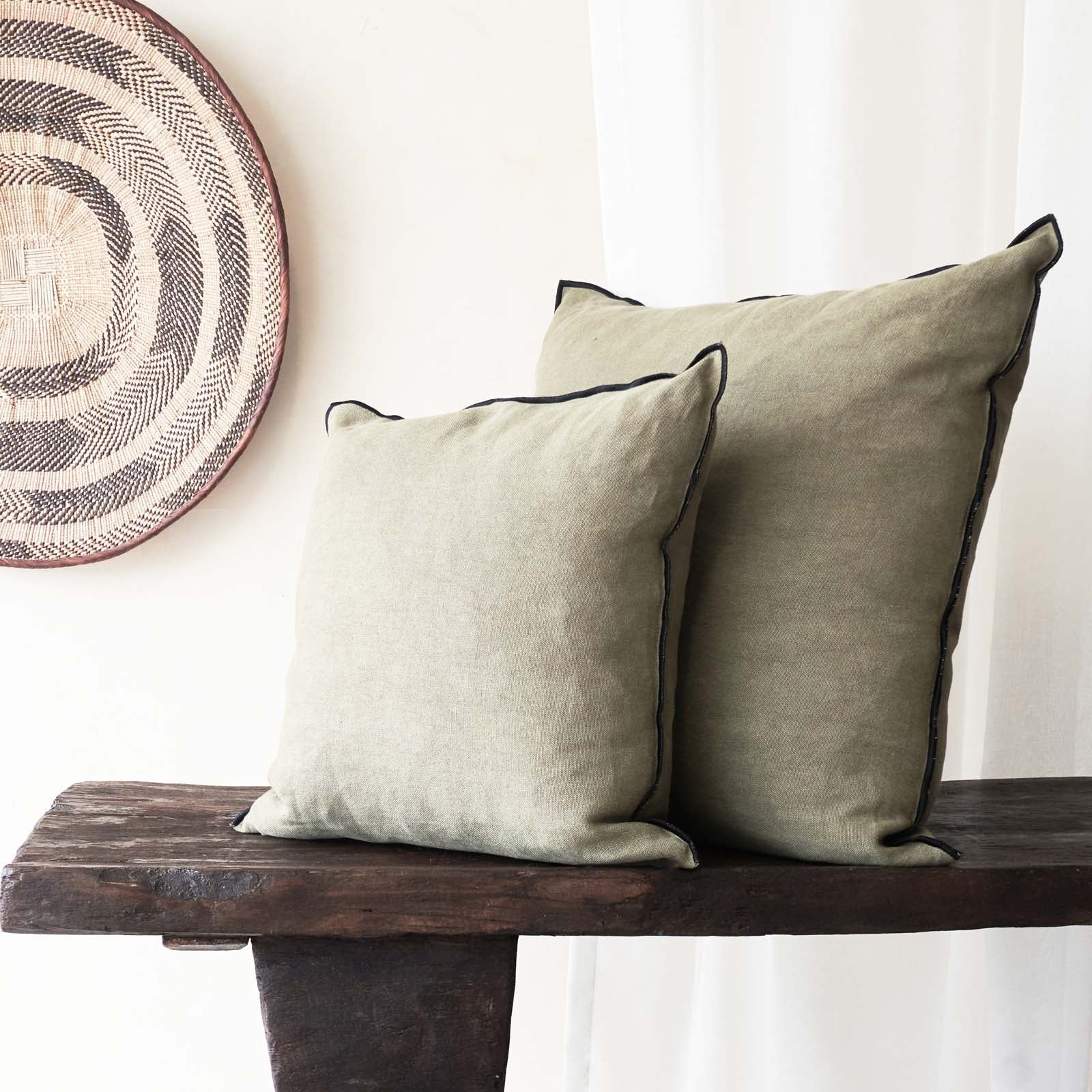 Black Line Cushion | Stone Washed Linen - Kaki - Image 4