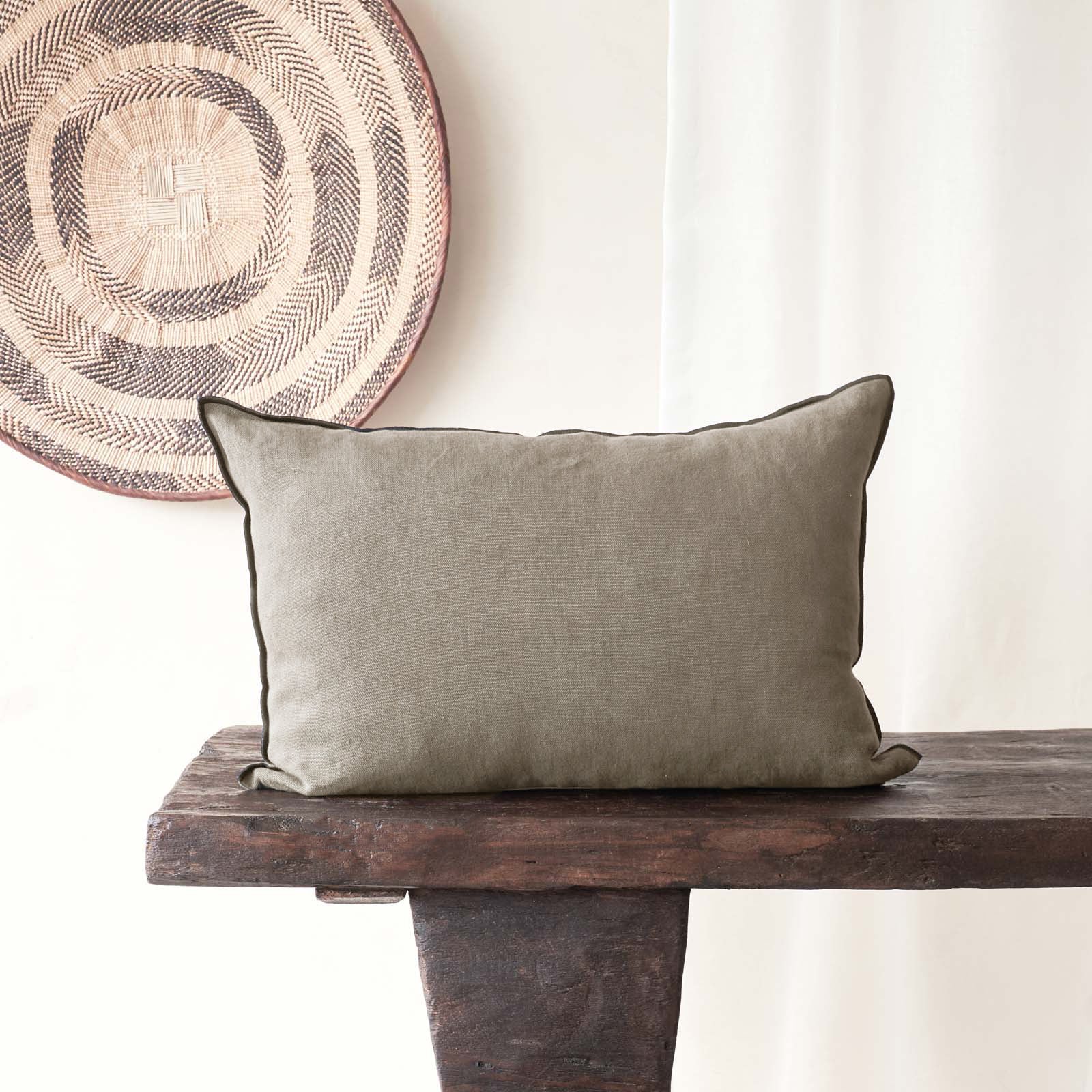 Black Line Cushion | Stone Washed Linen - Kaki - Image 5