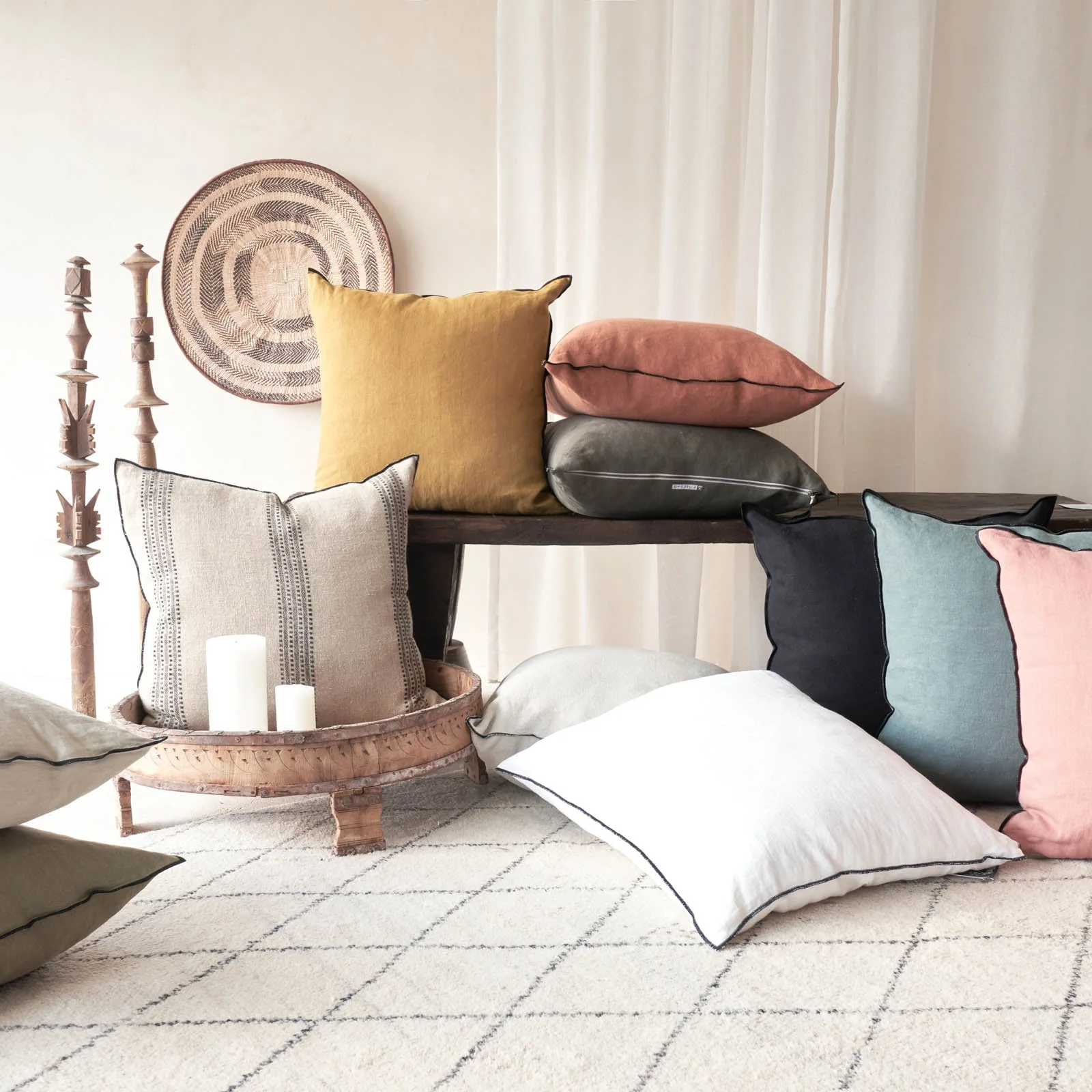 Black Line Cushion | Stone Washed Linen - Kaki - Image 7