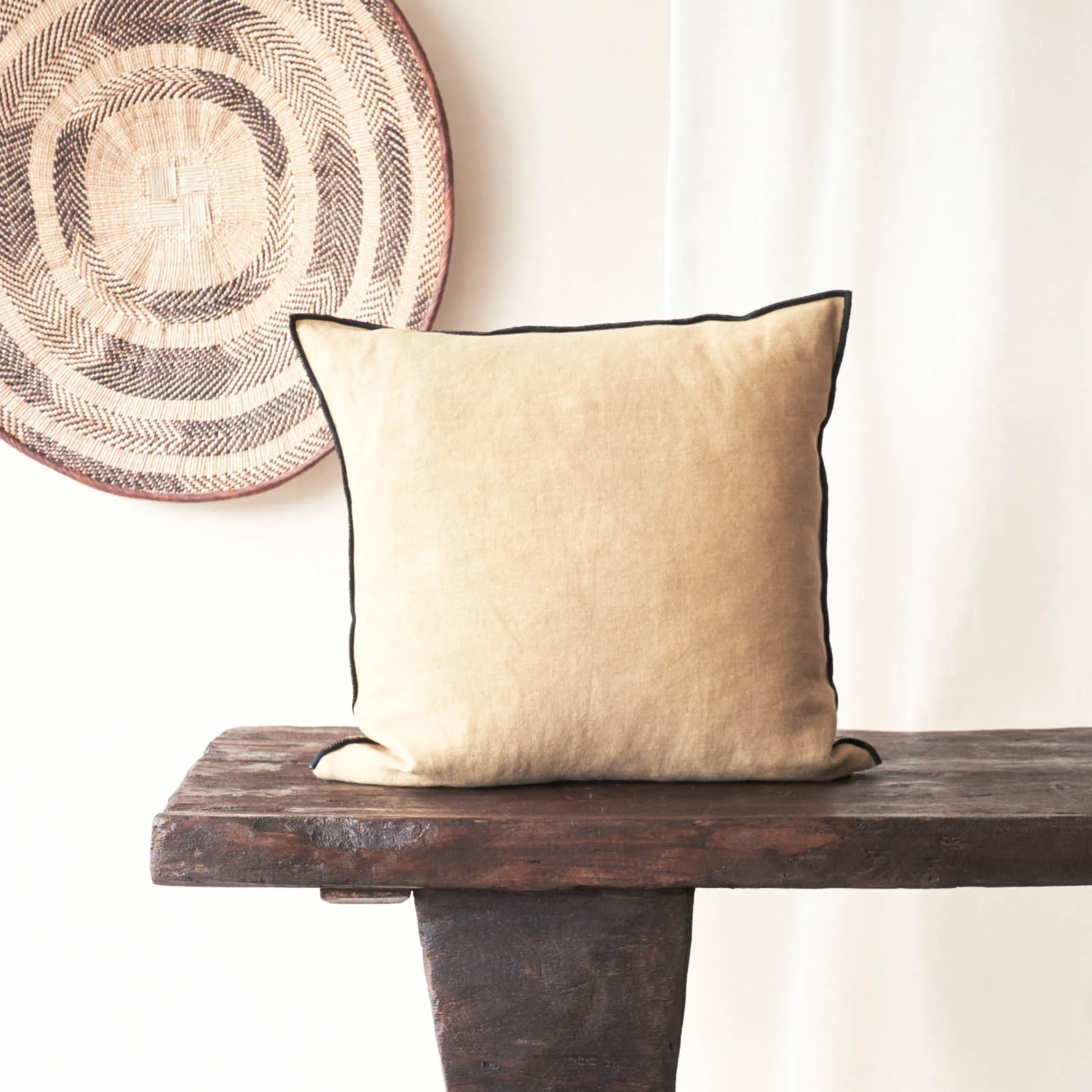 Black Line Cushion | Stone Washed Linen - Sable (50 x 50cm)