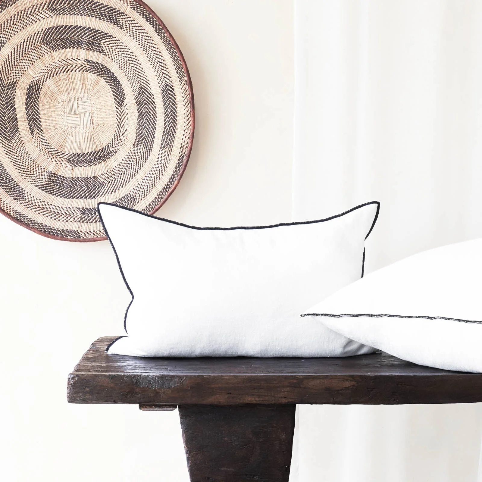 Black Line Cushion | Stone Washed Linen - White - Image 3