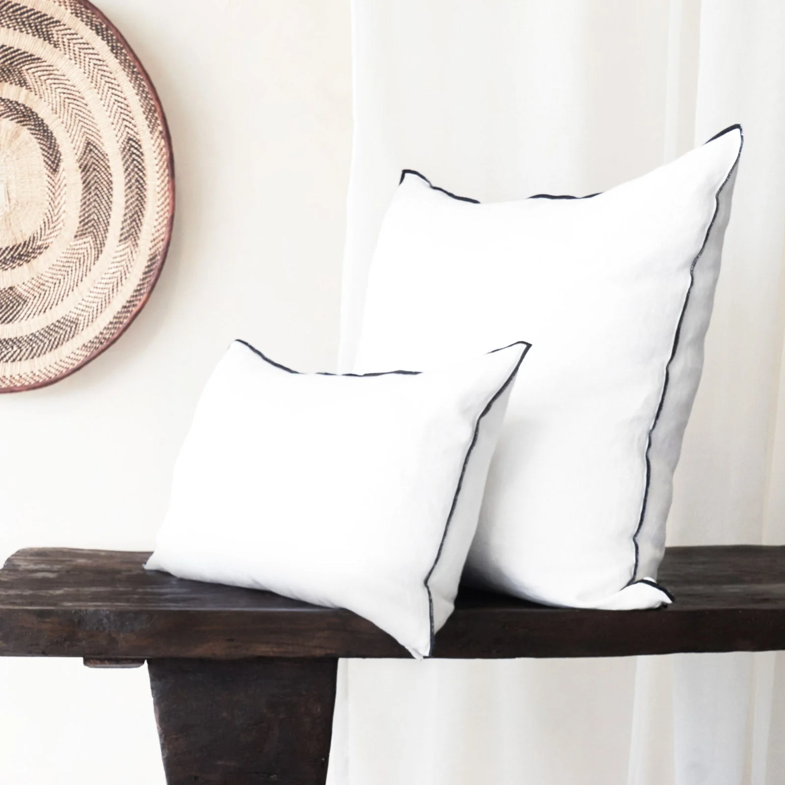 Black Line Cushion | Stone Washed Linen - White - Image 5