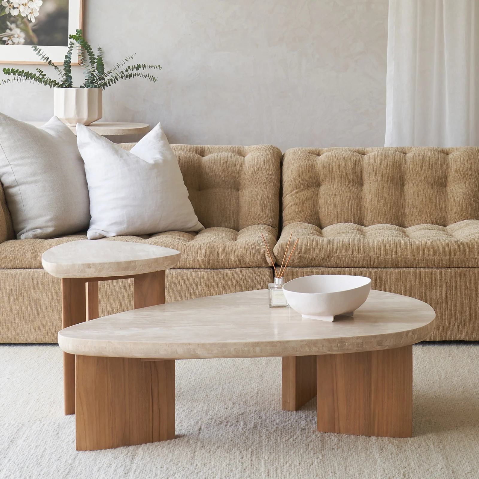 Dune Travertine Side Table | Teak (45cm) - Image 4