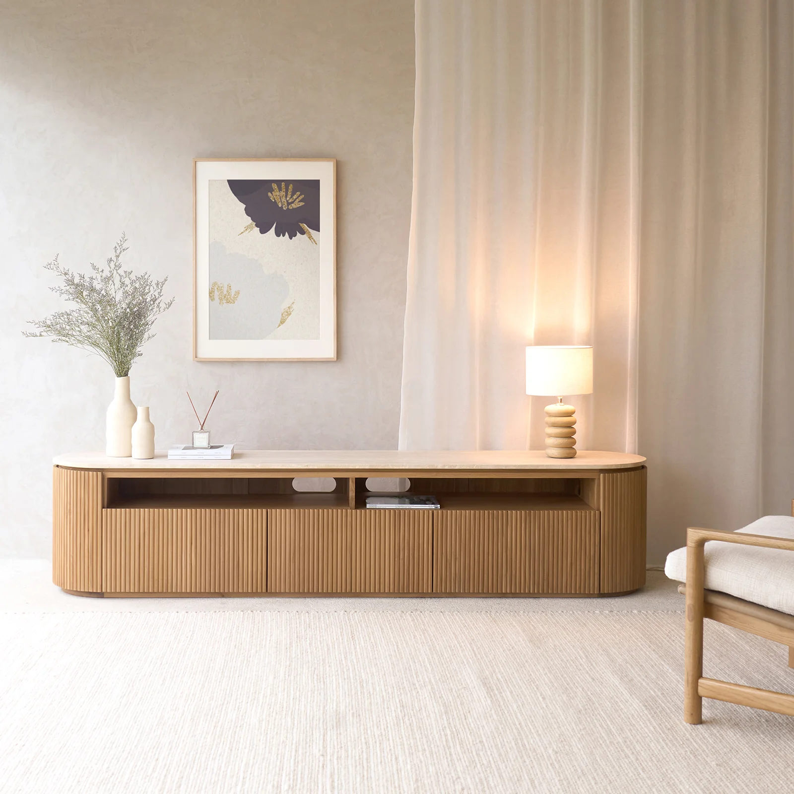 Moher Travertine TV Console | Teak - Natural (230cm)