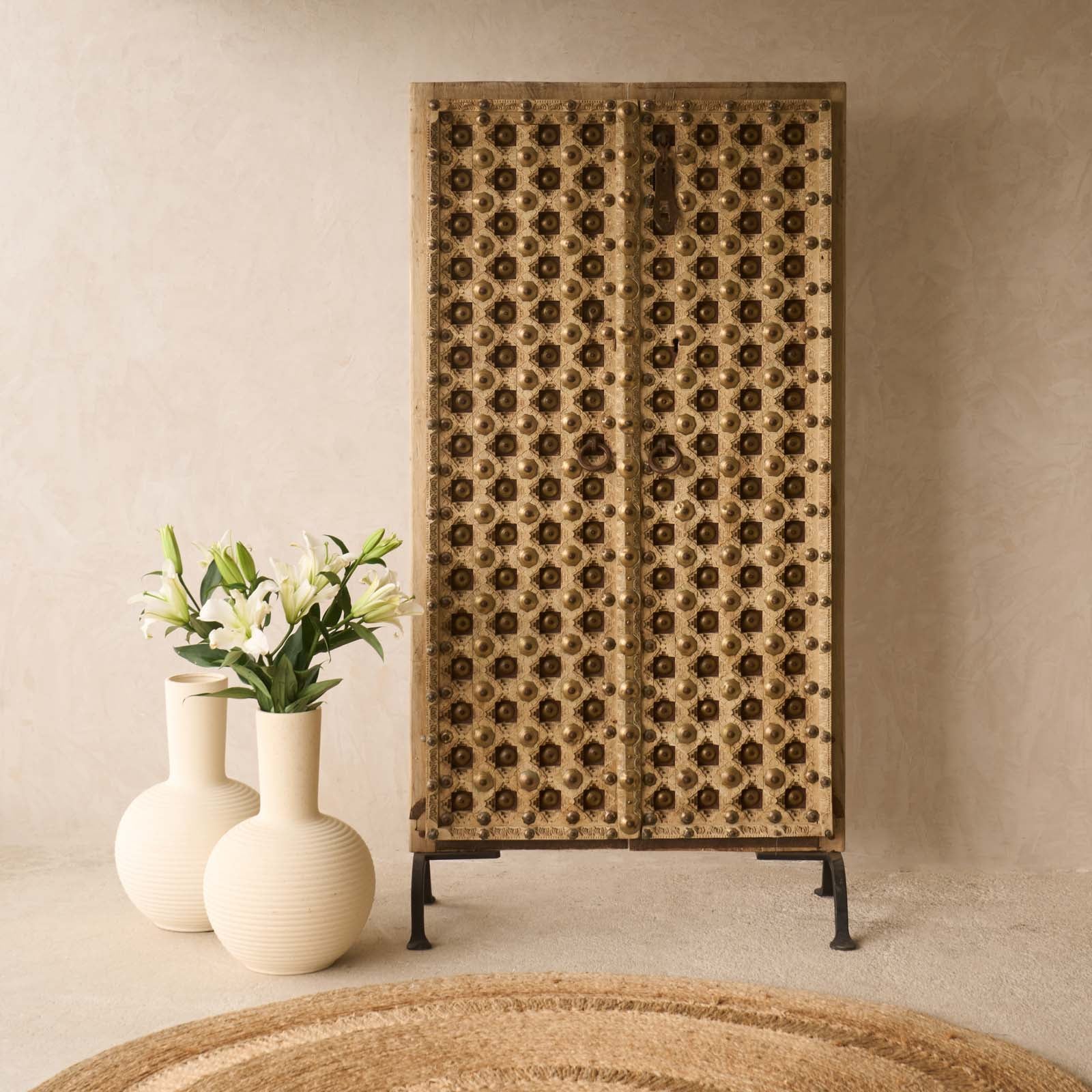 Vintage Teak Door with Brass Motifs