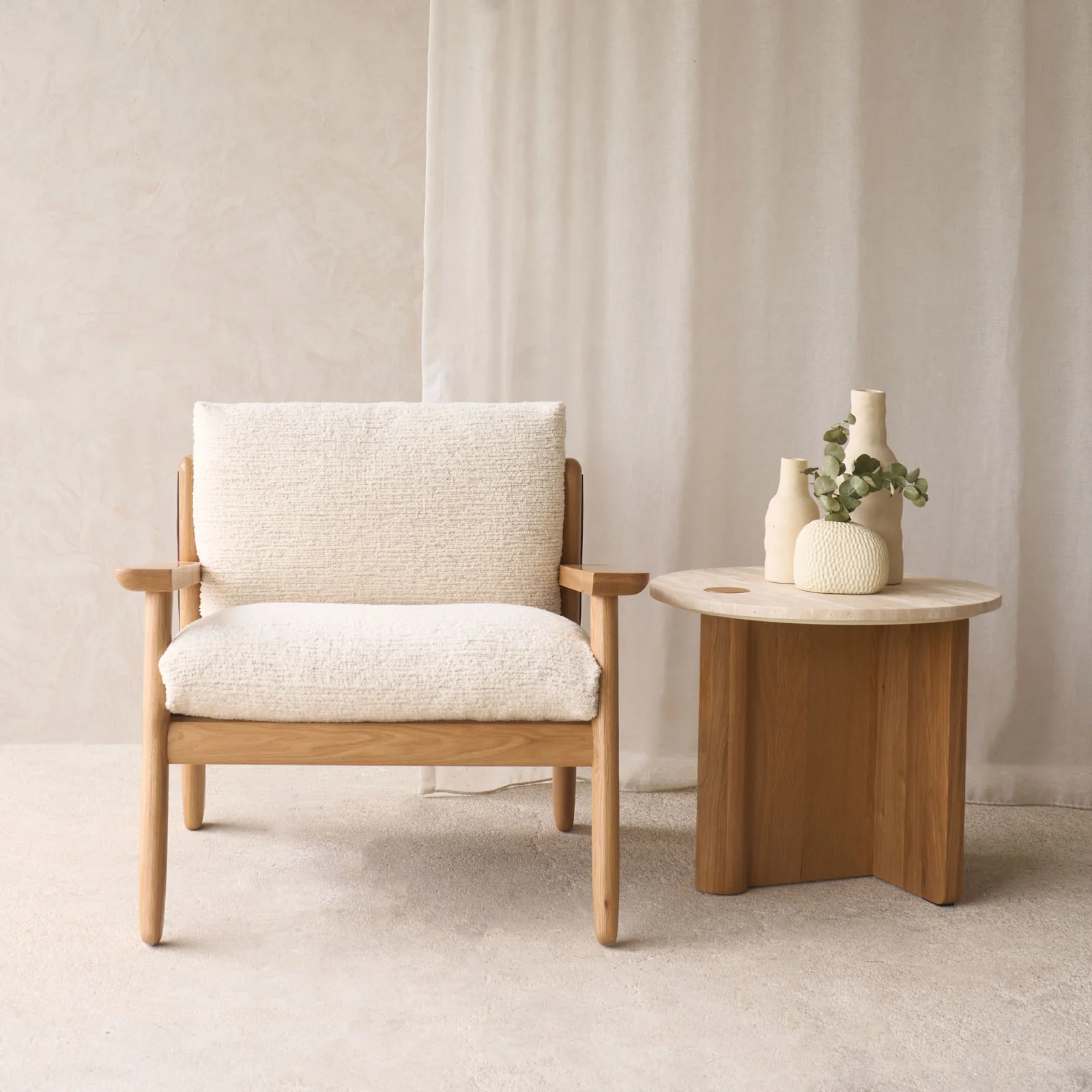 Wren Armchair | Oak with Brown Leather Harness - Porcelain - Image 7